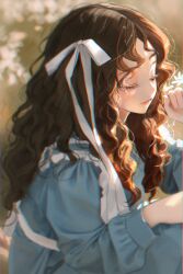 Rule 34 | 1girl, blue shirt, bow, brown hair, character request, closed eyes, copyright request, curly hair, flower, from side, hair bow, highres, long hair, on (onon2659), shirt, upper body, very long hair, wavy hair