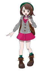 Rule 34 | 1girl, asatsuki (fgfff), backpack, bag, blush, bob cut, boots, brown bag, brown eyes, brown footwear, brown hair, buttons, cable knit, cardigan, collared dress, commentary request, creatures (company), dress, eyelashes, game freak, gloria (pokemon), green hat, green socks, grey cardigan, hand up, hat, highres, holding strap, hooded cardigan, nintendo, open mouth, pink dress, plaid, plaid legwear, pokemon, pokemon swsh, short hair, simple background, socks, solo, tam o&#039; shanter, teeth, tongue, upper teeth only, white background