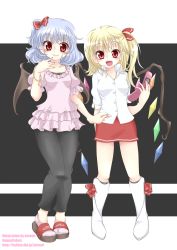 Rule 34 | 2girls, alternate costume, bat wings, blonde hair, blue hair, bracelet, casual, cellphone, contemporary, female focus, flandre scarlet, highres, jewelry, kotomi (artist), kotomi (happy colors), multiple girls, nail polish, phone, pointy ears, ponytail, purple nails, red eyes, red nails, remilia scarlet, sandals, short hair, siblings, side ponytail, sisters, touhou, wings