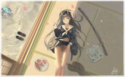 Rule 34 | 1girl, absurdres, azur lane, bad id, bad pixiv id, bare legs, black footwear, black hair, black panties, black shirt, black skirt, blunt bangs, cherry blossoms, clothes lift, collarbone, commentary, cup, da (datako), english commentary, expressionless, falling petals, food, unworn footwear, from above, fruit, highres, hime cut, horns, huge filesize, indoors, lifting own clothes, lingerie, loafers, long hair, long sleeves, looking at viewer, lying, midriff, miniskirt, navel, noshiro (azur lane), on back, oni horns, panties, pantyhose, unworn pantyhose, petals, pleated skirt, sailor collar, school uniform, serafuku, shirt, shoes, unworn shoes, signature, skirt, skirt lift, solo, straight hair, tatami, tea set, teacup, teapot, underwear, watermelon, white sailor collar, wind chime, yellow eyes