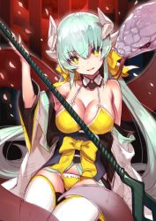 Rule 34 | 1girl, animal, bare shoulders, bikini, bow, bow bikini, breasts, cleavage, collarbone, detached sleeves, dragon girl, dragon horns, fate/grand order, fate (series), fingernails, giant snake, green hair, hair between eyes, hair bow, hair ornament, hand up, highres, holding, holding polearm, holding spear, holding weapon, horns, japanese clothes, kimono, kiyohime (fate), kiyohime (fate/grand order), kiyohime (swimsuit lancer) (fate), kiyohime (swimsuit lancer) (first ascension) (fate), large breasts, lasa (lasa1116), long hair, looking at viewer, monster girl, naginata, open mouth, oversized animal, panties, petals, polearm, ribbon, sash, sidelocks, sitting, smile, snake, solo, spear, swimsuit, thighhighs, tongue, tongue out, underwear, very long hair, weapon, white thighhighs, wide sleeves, yellow bikini, yellow bow, yellow eyes, yellow panties, yellow ribbon