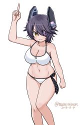 Rule 34 | 1girl, bikini, breasts, checkered clothes, checkered neckwear, dated, eyepatch, feet out of frame, groin, headgear, kantai collection, large breasts, looking at viewer, masara (chuujou), navel, pointing, pointing up, purple hair, short hair, simple background, smile, solo, swimsuit, tenryuu (kancolle), twintails, white background, white bikini, yellow eyes