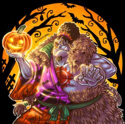 Rule 34 | 1boy, afro, artist name, bara, beard, black hair, blue skin, chain, cheekyowl, colored skin, commentary, english commentary, facial hair, fangs, food, happy halloween, highres, holding, holding food, holding pumpkin, holding vegetable, jack-o&#039;-lantern, jinbe (one piece), muscular, one piece, pectorals, pointy ears, pumpkin, solo, standing, vegetable, webbed hands, wide sleeves