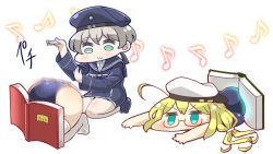 Rule 34 | 2girls, :3, ahoge, animated, ass, blonde hair, blue eyes, blush, chibi, glasses, hat, i-8 (kancolle), kantai collection, long hair, multiple girls, musical note, one-piece swimsuit, socks, spanked, spanking, swimsuit, tagme, tanaka kusao, thighhighs, video, z1 leberecht maass (kancolle)