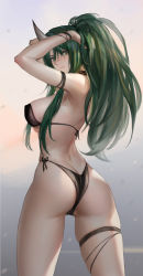 Rule 34 | 1girl, absurdres, arknights, armpits, arms up, ass, back, bikini, black bikini, blurry, blurry background, blush, breasts, butt crack, choker, closed mouth, commentary request, cowboy shot, from behind, green hair, hair between eyes, hands in hair, highleg, highleg bikini, highres, horns, hoshiguma (arknights), jiam009, large breasts, long hair, looking at viewer, looking back, mole, mole on breast, ponytail, side-tie bikini bottom, sidelocks, single horn, skindentation, solo, string bikini, swimsuit, thigh strap, thighs, toned, v-shaped eyebrows, wristband, yellow eyes