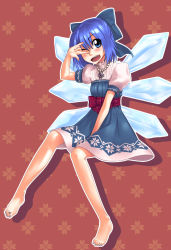 Rule 34 | 1girl, ;d, \m/, adapted costume, barefoot, blue eyes, blue nails, bow, cirno, dress, feet, hair bow, jewelry, nail polish, necklace, one eye closed, open mouth, pendant, seikan hikou, smile, solo, toe ring, toenail polish, toenails, toes, touhou, v over eye, wings, wink, zeku (furrock)