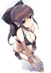 Rule 34 | 1girl, bad id, bad nicoseiga id, bikini, bow, bracelet, breasts, brown hair, cleavage, dekappara futoriusu, front-tie top, grey eyes, hair bow, hair ribbon, hands on own knees, heart, heart necklace, jewelry, large breasts, long hair, looking at viewer, medio, necklace, original, pendant, ponytail, ribbon, shiny skin, side-tie bikini bottom, solo, swimsuit, white background