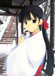 Rule 34 | 1girl, akeome, black eyes, black hair, food, grin, happy new year, japanese clothes, long hair, miko, new year, original, ponytail, smile, snow, solo, stairs, suke akurou, twintails, winter