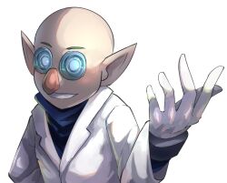 Rule 34 | 1boy, alien, alternate costume, bald, big nose, blue-tinted eyewear, blue shirt, coat, coattails, commentary request, gloves, grin, lab coat, layered sleeves, long sleeves, looking at viewer, male focus, nintendo, novelty glasses, open mouth, outstretched hand, pikmin (series), pointy ears, round eyewear, russ (pikmin), sax (sax e), shirt, smile, solo, teeth, tinted eyewear, turtleneck, upper body, white background, white coat, white gloves