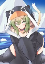 Rule 34 | 1girl, animal costume, atalanta (fate), black thighhighs, blue bow, blue choker, blush, bow, cat tail, choker, commentary request, cosplay, fate (series), green eyes, hair between eyes, long hair, meltryllis, meltryllis (fate), meltryllis (swimsuit lancer) (fate), meltryllis (swimsuit lancer) (fate) (cosplay), meltryllis (swimsuit lancer) (first ascension) (fate), nahu, penguin costume, solo, tail, thighhighs, water
