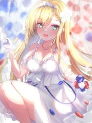 Rule 34 | 1girl, azur lane, blonde hair, breasts, cleavage, dress, flower, forbin (azur lane), forbin (fleur de mariee) (azur lane), gloves, green eyes, hair flower, hair ornament, highres, jewelry, large breasts, long hair, looking at viewer, necklace, official alternate costume, open mouth, solo, tiara, umidemi, very long hair, wedding dress, white dress, white flower, white gloves