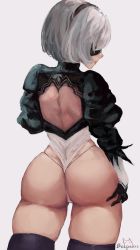 Rule 34 | 1girl, 2b (nier:automata), absurdres, ass, back cutout, beeprats, black thighhighs, clothing cutout, covered eyes, curvy, from behind, hairband, hand on own hip, highleg, highleg leotard, highres, huge ass, leotard, nier:automata, nier (series), shiny skin, short hair, silver hair, skindentation, solo, thigh grab, thighhighs, thighs, thong leotard, white leotard, wide hips