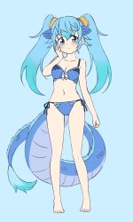 Rule 34 | 1girl, :&lt;, absurdres, animal ears, bare arms, bare legs, bare shoulders, barefoot, blue background, blue bra, blue eyes, blue hair, blue panties, bra, breasts, collarbone, commentary request, dragon tail, extra ears, full body, hair between eyes, hand on own cheek, hand on own face, highres, kemono friends, light blush, long hair, looking at viewer, medium breasts, navel, panties, seiryuu (kemono friends), shiraha maru, side-tie panties, simple background, solo, standing, tail, twintails, underwear, underwear only