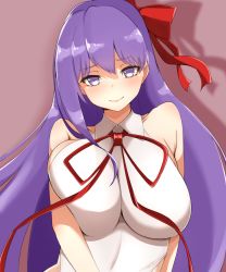 Rule 34 | 1girl, bare shoulders, bb (fate), bb (fate/extra), blush, breasts, fate/grand order, fate (series), hair ribbon, highres, large breasts, lips, long hair, looking at viewer, meta-tron, purple eyes, purple hair, red ribbon, ribbon, smile, solo, upper body, very long hair