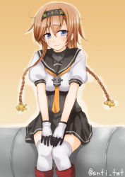 Rule 34 | 10s, 1girl, anti (untea9), barrel, black gloves, braid, clothes writing, commentary request, drum (container), gloves, highres, kantai collection, looking at viewer, miniskirt, school uniform, serafuku, short hair with long locks, sidelocks, simple background, sitting, skirt, solo, sweat, teruzuki (kancolle), thighhighs, twin braids, twitter username, wavy mouth, white thighhighs