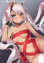 Rule 34 | 1girl, ahoge, artist name, azur lane, bare arms, bare shoulders, black gloves, blue eyes, blush, breasts, brown hair, cleavage, closed mouth, collarbone, facepaint, gloves, gluteal fold, go-it, gradient background, grey background, heart, heterochromia, indianapolis (azur lane), long hair, looking at viewer, medium breasts, naked ribbon, navel, nose blush, partially fingerless gloves, red ribbon, ribbon, single thighhigh, solo, stomach, sweat, thigh gap, thighhighs, twintails, underboob, very long hair, watermark, web address, white thighhighs