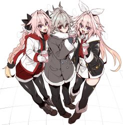 Rule 34 | 3boys, alternate costume, antenna hair, astolfo (fate), astolfo (saber) (fate), astolfo (saber) (third ascension) (fate), black bow, black jacket, black pants, black pantyhose, black scrunchie, black sweater, black thighhighs, boots, bow, braid, breath, brown coat, brown footwear, buttons, coat, coffee cup, cross-laced footwear, cup, disposable cup, double-breasted, dual persona, fang, fate/apocrypha, fate/grand order, fate (series), full body, fur-trimmed boots, fur-trimmed bow, fur-trimmed coat, fur trim, grey hair, hair between eyes, hair bow, hair intakes, hair ornament, hair scrunchie, haoro, highres, holding, holding cup, jacket, lace-up boots, long braid, long hair, multicolored hair, multiple boys, open mouth, pants, pantyhose, pink hair, pom pom (clothes), purple eyes, red eyes, red shorts, scrunchie, shoes, shorts, sieg (fate), signature, single braid, skin fang, skirt, streaked hair, sweater, thighhighs, trap, twintails, two-tone hair, very long hair, white background, white hair, white jacket, white skirt, winter clothes
