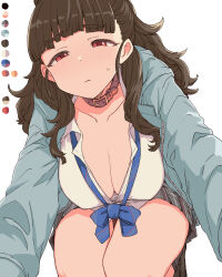 Rule 34 | 1girl, alternate breast size, blue bow, blue bowtie, blue jacket, blunt bangs, bow, bowtie, breasts, brown eyes, brown hair, choker, cleavage, collarbone, color guide, idolmaster, idolmaster cinderella girls, jacket, kamiya nao, large breasts, long hair, red eyes, shirt, skirt, solo, striped clothes, striped skirt, thick eyebrows, thighs, toriga naku, white background, white shirt