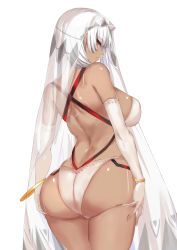 Rule 34 | 1girl, altera (fate), alternate breast size, ass, back, bare shoulders, bikini, blush, bracelet, breasts, closed mouth, dark-skinned female, dark skin, fate/extra, fate/grand order, fate (series), headdress, highleg, highleg bikini, highres, huge ass, jewelry, large breasts, looking at viewer, looking back, red eyes, revealing clothes, short hair, sideboob, simple background, solo, spider apple, swimsuit, tattoo, thighs, white background, white bikini, white hair, wide hips
