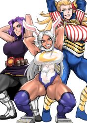 Rule 34 | 3girls, abs, arms behind head, belt, belt buckle, blonde hair, blue eyes, bodysuit, boku no hero academia, boots, breasts, buckle, cathleen bate, clothes lift, dress, dress lift, full body, lady nagant, large breasts, leotard, long hair, looking at another, looking at viewer, mirko, multicolored hair, multiple girls, muscular, muscular female, pantyhose, purple eyes, purple hair, rabbit ears, red eyes, shirt, short hair, simple background, smirk, soyuz001, squatting, star and stripe, sweat, thighhighs, white background, white shirt