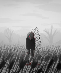 Rule 34 | 1boy, absurdres, arrow (projectile), arrow in body, arrow in head, avogado6, bare tree, bleeding, blood, cloud, cloudy sky, crying, crying with eyes open, fangs, field of arrows, fog, grey sky, highres, looking at viewer, object through head, open mouth, original, pointy ears, pool of blood, red eyes, sky, solo, spot color, tears, tree, vampire, wide-eyed