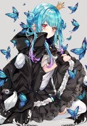 Rule 34 | 1girl, black coat, black dress, blue butterfly, blue hair, blush, bug, butterfly, closed mouth, coat, coat on shoulders, commentary request, crown, double bun, dress, earrings, gradient hair, grey background, hair bun, highres, hololive, insect, jewelry, long hair, looking at viewer, mini crown, multicolored hair, official alternate costume, open clothes, open coat, purple hair, red eyes, sidelocks, simple background, solo, soraneko hino, twitter username, uruha rushia, uruha rushia (3rd costume), virtual youtuber, wrist cuffs