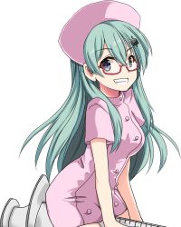 Rule 34 | 10s, 1girl, aqua hair, bespectacled, blue eyes, breasts, buttons, dress, glasses, grin, hair between eyes, hair ornament, hairclip, hat, highres, hinase (jet hearts), kantai collection, long hair, looking at viewer, medium breasts, nurse, nurse cap, oversized object, pink dress, pink hat, simple background, smile, solo, suzuya (kancolle), syringe, white background