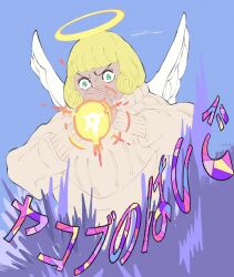 Rule 34 | 1girl, angel wings, blowing, blue background, blunt bangs, covering own mouth, cowboy shot, drill hair, energy, eyelashes, flat color, frown, green eyes, halo, hand over own mouth, highres, jujutsu kaisen, kurrrto, kurusu hana, long sleeves, looking at viewer, mismatched eyebrows, oversized clothes, own hands together, puffy cheeks, short hair, signature, sleeve cuffs, solo, sweater, translation request, turtleneck, v-shaped eyebrows, white sweater, wide-eyed, wings