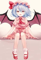Rule 34 | 1girl, :d, ar (maeus), ascot, bat wings, blue hair, bobby socks, commentary, dress, empty eyes, fang, frilled shirt collar, frilled sleeves, frills, full body, hair between eyes, hat, highres, looking at viewer, mary janes, mob cap, open mouth, pink dress, pink hat, red ascot, red eyes, red footwear, remilia scarlet, shoes, short dress, short hair, sitting, skin fang, slit pupils, smile, socks, solo, touhou, wavy hair, white socks, wings