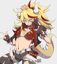 Rule 34 | 1girl, arms up, belt, belt buckle, bikini, bikini top only, black bikini, blonde hair, blue eyes, bowser, bowser logo, bowsette, bracelet, breasts, buckle, collar, collarbone, cuffs, fingerless gloves, genderswap, gloves, grey background, grin, gurepyon, horns, jewelry, large breasts, mario (series), multicolored hair, nail polish, navel, new super mario bros. u deluxe, nintendo, punk, shorts, smile, solo, spiked bracelet, spiked collar, spiked hair, spikes, star (symbol), super star (mario), streaked hair, swimsuit, tail, thick eyebrows, torn clothes, torn legwear, vest