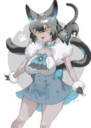 Rule 34 | 00syno, 1girl, animal, animal ears, bell, black cat, black gloves, black hair, blue choker, blue skirt, breasts, cape, cat, cat ears, cat girl, cat tail, choker, commission, fangs, fingerless gloves, fur-trimmed gloves, fur cape, fur trim, gloves, grey background, highres, jingle bell, large breasts, open mouth, original, short hair, signature, simple background, skeb commission, skirt, spreat arms, tail, white background, yellow eyes