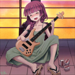 Rule 34 | 1girl, alcohol carton, artist name, bass guitar, black bow, black nails, blunt bangs, blunt ends, bocchi the rock!, bow, braid, braided ponytail, breasts, closed eyes, collarbone, commentary request, dress, electric guitar, full body, geta, green dress, guitar, hair bow, highres, hiroi kikuri, holding, holding instrument, instrument, knee up, nail polish, on ground, open mouth, outdoors, purple hair, sandals, sharp teeth, sidelocks, signature, sitting, sleeveless, sleeveless dress, small breasts, solo, strap slip, teeth, telaform, toenail polish, toenails
