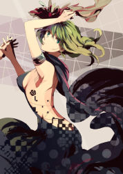 Rule 34 | 1girl, bad id, bad pixiv id, black dress, breasts, butt crack, dress, female focus, green eyes, green hair, gumi, image sample, just a game (vocaloid), matching hair/eyes, medium breasts, oba-min, pixiv sample, scarf, short hair, sideboob, solo, vocaloid