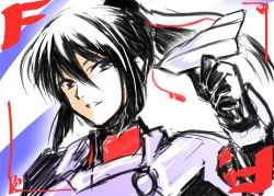 Rule 34 | 1boy, androgynous, black eyes, black gloves, black hair, blue hair, gloves, highres, hiron (hiron56987), looking at viewer, looking to the side, macross, macross frontier, male focus, parted lips, pilot suit, ponytail, portrait, saotome alto, sketch, smile, solo, thumbs up