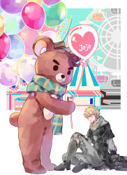 Rule 34 | &gt;:), 2boys, aged down, amusement park, animal costume, balloon, battle tendency, bear costume, blonde hair, brown hair, caesar anthonio zeppeli, chain, facial mark, green eyes, green scarf, highres, jojo no kimyou na bouken, male focus, multiple boys, partially colored, scarf, sitting, sky kiki, striped clothes, striped scarf, thick eyebrows, v-shaped eyebrows