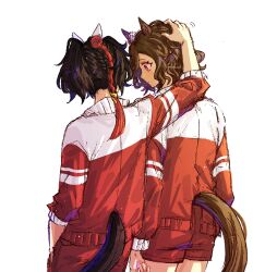 Rule 34 | 2girls, animal ears, black hair, brown hair, closed mouth, commentary request, cowboy shot, ear covers, ear ornament, hair ornament, hand in pocket, headpat, highres, horse ears, horse girl, horse tail, jacket, jagaimobeniko, katsuragi ace (umamusume), long sleeves, medium hair, multiple girls, pants, red eyes, red pants, red shorts, short hair, shorts, simple background, tail, tail ornament, tap dance city (umamusume), tassel, tassel hair ornament, tracen training uniform, track jacket, track pants, umamusume, white background
