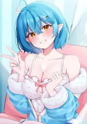 Rule 34 | 1girl, absurdres, ahoge, alternate costume, alternate hairstyle, bare shoulders, blue coat, blue hair, blush, breasts, camisole, cleavage, coat, crossed bangs, fur trim, grin, hair between eyes, hair ornament, hairclip, hands up, head tilt, heart, heart ahoge, highres, hololive, large breasts, looking at viewer, medium hair, open clothes, open coat, partially unzipped, pointy ears, polka dot, sitting, smile, solo, soyoghi, striped, striped coat, upper body, v, virtual youtuber, white camisole, yellow eyes, yukihana lamy