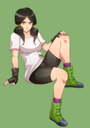 Rule 34 | 1girl, absurdres, bike shorts, black gloves, black hair, blue eyes, boots, breasts, cirenk, commission, dragon ball, dragonball z, female focus, fingerless gloves, full body, gloves, green background, highres, legs, lips, looking at viewer, medium breasts, medium hair, parted bangs, serious, shirt, shorts, simple background, sitting, skindentation, solo, t-shirt, thighs, tomboy, twintails, videl
