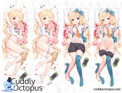 Rule 34 | 10s, 1girl, barefoot, blonde hair, bottomless, brown eyes, candy, closed mouth, clothes writing, cuddly octopus, dakimakura (medium), feet, food, futaba anzu, idolmaster, idolmaster cinderella girls, image sample, kyuri tizu, long hair, looking at viewer, low twintails, no panties, no shoes, pixiv sample, pussy, shirt, short sleeves, single thighhigh, smile, solo, stuffed animal, stuffed rabbit, stuffed toy, t-shirt, thighhighs, twintails, uncensored