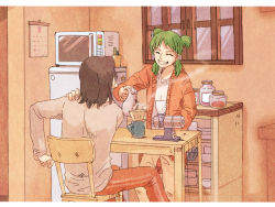 Rule 34 | 1boy, 1girl, ^ ^, aged up, chair, closed eyes, commentary request, cup, father and daughter, green hair, grin, indoors, kitchen, koiwai yotsuba, medium hair, microwave, mr. koiwai, quad tails, refrigerator, sitting, smile, standing, table, tea, window, yoshimoto (yomada), yotsubato!