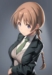 Rule 34 | 1girl, black jacket, blue eyes, braid, brown hair, gradient background, green neckwear, grey background, highres, jacket, long hair, lynette bishop, pinakes, single braid, solo, strike witches, suit jacket, sweater vest, upper body, world witches series