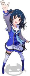 Rule 34 | 1girl, arm up, bad id, bad twitter id, blue footwear, blue hair, blue neckwear, blunt bangs, boots, brown eyes, costume request, cross-laced footwear, different shadow, hair bun, keita (kta0), lace-up boots, long sleeves, love live!, love live! school idol festival, love live! sunshine!!, open mouth, outstretched arm, outstretched hand, sailor collar, shadow, side bun, simple background, single hair bun, single side bun, smile, solo, thighhighs, tsushima yoshiko, white background, white thighhighs, zettai ryouiki