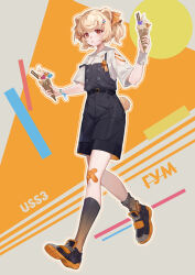 Rule 34 | 1girl, absurdres, animal ears, arknights, bandaid, bandaid on knee, bandaid on leg, bear ears, bear tail, black footwear, black shorts, black socks, blonde hair, brown eyes, commentary request, food, full body, gummy (arknights), highres, holding, holding food, hongbaise raw, ice cream, ice cream cone, kneehighs, parted lips, shirt, shoes, short hair, short sleeves, shorts, sneakers, socks, solo, tail, white shirt