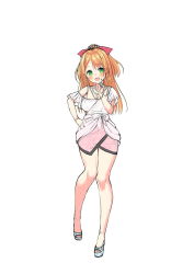 Rule 34 | 1girl, :o, asa no ha (awayuki), bow, full body, green eyes, hair bow, hand on own hip, hand up, highres, jewelry, long hair, necklace, official art, orange hair, pink skirt, shirt, skirt, solo, white background, white footwear, white shirt