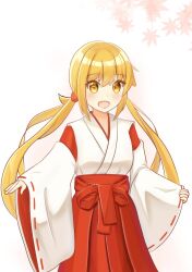 Rule 34 | 1girl, alternate costume, artist request, blonde hair, japanese clothes, kantai collection, leaf, long hair, maple leaf, miko, satsuki (kancolle), sidelocks, twintails, yellow eyes