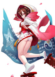 Rule 34 | 1girl, ass, brown hair, closed mouth, double bun, dress, fkey, flag, floral print, flower, food-themed clothes, full body, geta, hair between eyes, hair bun, highres, hood, horns, japanese clothes, kimono, knees together feet apart, looking at viewer, looking back, md5 mismatch, obi, oni, oni horns, onmyoji, original, panties, petals, pink flower, plant, pleated dress, pointy ears, red eyes, sash, shoe dangle, short eyebrows, short kimono, soles, solo, star (symbol), tabi, tassel, underwear, upskirt, vines, white background, white legwear, white panties, wide sleeves, yin yang