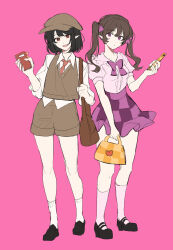 Rule 34 | 2girls, adapted costume, bag, bare legs, black footwear, black hair, bow, bowtie, brown bag, brown hair, brown hat, brown shorts, brown sweater vest, cabbie hat, cellphone, checkered clothes, checkered skirt, flip phone, frilled shirt collar, frilled skirt, frills, full body, hair ribbon, handbag, hat, heart, highres, himekaidou hatate, holding, holding bag, holding notebook, holding phone, long hair, multiple girls, notebook, open mouth, phone, pink background, pink shirt, pink socks, pointy ears, puffy short sleeves, puffy sleeves, purple bow, purple bowtie, purple eyes, purple ribbon, purple skirt, red eyes, ribbon, sarukana, shameimaru aya, shirt, shoes, short hair, short sleeves, shorts, shoulder bag, skirt, sleeves rolled up, smile, socks, standing, sweater vest, touhou, white shirt, white socks