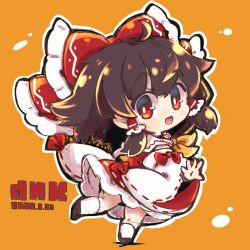 Rule 34 | 1girl, ascot, bare shoulders, brown footwear, brown hair, chibi, collared vest, commentary request, detached sleeves, dnk, full body, hakurei reimu, highres, long sleeves, looking at viewer, looking back, medium hair, open mouth, red eyes, red skirt, red vest, skirt, solo, standing, standing on one leg, touhou, vest, white legwear, white sleeves, wide sleeves, yellow ascot, yellow background