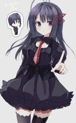 Rule 34 | 1girl, antenna hair, black dress, black thighhighs, blush, center frills, character name, chibi, chibi inset, closed mouth, commentary request, cross print, dress, frilled dress, frills, frown, gothic lolita, grey background, hair between eyes, hair intakes, hair ornament, hair ribbon, highres, index finger raised, juliet sleeves, lolita fashion, long hair, long sleeves, looking at viewer, necktie, ookura risona, pointing, pointing at viewer, puffy sleeves, purple eyes, red necktie, red ribbon, ribbon, short dress, sidelocks, simple background, solo focus, takepoison, thighhighs, tsuki ni yorisou otome no sahou, v-shaped eyebrows, x hair ornament, zettai ryouiki