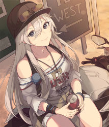 Rule 34 | 1girl, azur lane, bare shoulders, baseball cap, can, casual, clothes around waist, commentary, contemporary, drink can, dutch angle, english text, enterprise (anniversary ride) (azur lane), enterprise (azur lane), from above, grey hair, hair between eyes, hat, highres, holding, holding can, jacket, jacket around waist, long hair, looking at viewer, on motorcycle, outdoors, purple eyes, saibe, shorts, sidelocks, sidesaddle, sign, signpost, smile, soda can, solo, very long hair, wristband